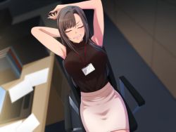 Rule 34 | 1girl, armpits, arms behind head, arms up, blurry, blurry background, blush, breasts, chair, clenched teeth, closed eyes, computer, female focus, fingernails, from above, highres, id card, indoors, kitsuneyane, laptop, large breasts, legs, light brown hair, long fingernails, long hair, nail polish, office, office lady, original, seiyoku obake no douryou to shinuhodo sekkusu shita yoru, sitting, skirt, sleeveless, sleeveless turtleneck, solo, stretching, table, teeth, thighs, turtleneck