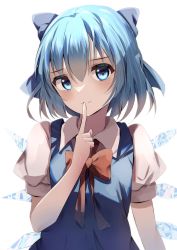 Rule 34 | 1girl, blue bow, blue eyes, blue hair, bow, bowtie, cirno, closed mouth, collared shirt, finger to mouth, hair bow, highres, looking at viewer, natsume suzuri, red bow, red bowtie, shirt, short hair, short sleeves, simple background, smile, solo, touhou, upper body, white background, white shirt