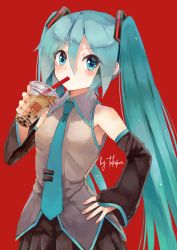 Rule 34 | aqua eyes, aqua hair, aqua necktie, bad id, bad pixiv id, bare shoulders, black skirt, bubble tea, commentary, cowboy shot, cup, detached sleeves, disposable cup, drinking, drinking straw, drinking straw in mouth, hair ornament, hand on own hip, hatsune miku, highres, holding, holding cup, long hair, necktie, shirt, signature, skirt, sleeveless, sleeveless shirt, solo, takepon1123, twintails, v-shaped eyebrows, very long hair, vocaloid