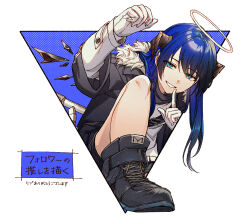 Rule 34 | 1girl, arknights, arm up, black footwear, black jacket, black shorts, blue background, blue eyes, blue hair, finger to mouth, fur-trimmed jacket, fur trim, gloves, hair between eyes, halo, horns, jacket, layered sleeves, long hair, looking at viewer, mostima (arknights), open clothes, open jacket, oxy (ho2), shirt, shoes, short shorts, shorts, shushing, smile, solo, translation request, two-tone background, very long hair, white background, white gloves, white shirt
