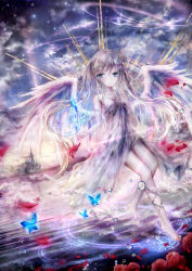 Rule 34 | 1girl, animal, bare shoulders, barefoot, blue eyes, blush, breasts, bug, butterfly, castle, cleavage, closed mouth, cloud, cloudy sky, collarbone, commentary request, crystal, dress, feathered wings, flower, hair between eyes, hand on own chest, highres, insect, jewelry, long hair, looking at viewer, magic circle, medium breasts, original, outdoors, petals, razurimu, red flower, red rose, reflection, rose, rose petals, silver hair, sky, solo, strapless, strapless dress, twintails, very long hair, water, white dress, white wings, wings