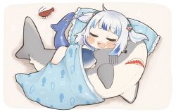 Rule 34 | 1girl, barefoot, blue hair, blunt bangs, blush stickers, closed eyes, commentary, drooling, english commentary, fins, fish tail, frilled pillow, frills, gawr gura, hair ornament, highres, hololive, hololive english, long hair, multicolored hair, open mouth, pillow, same anko, shark tail, sharp teeth, shrimp, simple background, sleeping, solo, stuffed animal, stuffed shark, stuffed toy, tail, teeth, two-tone hair, two side up, virtual youtuber, white hair, wide sleeves