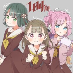 Rule 34 | 3girls, absurdres, ahoge, anyoji hime, black ribbon, blonde hair, blue eyes, blunt bangs, blunt ends, blush, braid, brown dress, brown hair, center-flap bangs, character name, clenched hands, closed mouth, dress, flower, green eyes, green hair, grey background, hair flower, hair intakes, hair ornament, hair ribbon, handheld game console, hasu no sora school uniform, highres, holding, holding handheld game console, jacket, kachimachi kosuzu, link! like! love live!, long hair, long sleeves, looking at viewer, love live!, momose ginko, multi-tied hair, multicolored hair, multiple girls, muramoh, neckerchief, open clothes, open jacket, open mouth, pink eyes, pink hair, pink jacket, pleated dress, ponytail, ribbon, sailor collar, sailor dress, school uniform, short hair, side braids, sidelocks, smile, split mouth, straight hair, swept bangs, v-shaped eyebrows, v arms, very long hair, virtual youtuber, wavy mouth, white sailor collar, winter uniform, yellow neckerchief
