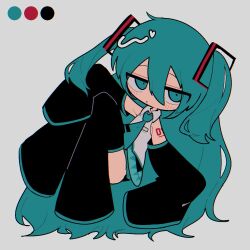 Rule 34 | 1girl, alternate hairstyle, black footwear, black sleeves, blue eyes, blue hair, blue necktie, blush, boots, chibi, closed mouth, collared shirt, color guide, detached sleeves, dot mouth, full body, grey background, hair ornament, hatsune miku, highres, jitome, long hair, long sleeves, looking at viewer, necktie, outstretched arms, shiba inu (j1piwzrj8xdzywk), shirt, simple background, sleeveless, sleeveless shirt, sleeves past fingers, sleeves past wrists, solo, spread arms, thigh boots, two side up, very long hair, vocaloid