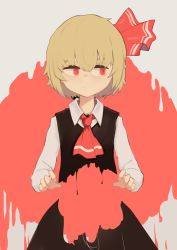 Rule 34 | 1girl, ascot, bad id, bad twitter id, black vest, blonde hair, bow, dress, hair bow, highres, long sleeves, red ascot, red eyes, rumia, shirt, short hair, solo, soya6479, touhou, vest, white shirt