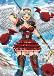 Rule 34 | 1girl, angel wings, bad id, bad pixiv id, blue eyes, breasts, cleavage, demon, flying, garimpeiro, highres, holding, holding staff, medium breasts, original, over shoulder, solo, staff, white hair, wings