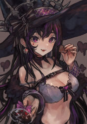 Rule 34 | 1girl, :d, absurdres, bare shoulders, black hair, breasts, chocolate, cleavage, earrings, facial mark, fang, hat, highres, jewelry, long hair, looking at viewer, medium breasts, multicolored hair, open mouth, original, purple eyes, purple hair, sabamiso taro, skin fang, smile, solo, streaked hair, two-tone hair, witch hat