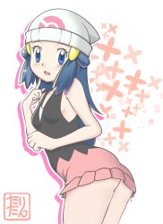 Rule 34 | 1girl, ass, bare shoulders, beanie, black shirt, blouse, blue eyes, blue hair, blush, breasts, character cutout, cowboy shot, creatures (company), dawn (pokemon), drop shadow, female focus, from side, game freak, hair ornament, hairclip, hand on own face, hands up, hat, highres, long hair, looking at viewer, matching hair/eyes, miniskirt, nintendo, open mouth, outline, pink skirt, poke ball symbol, poke ball theme, pokemon, pokemon dppt, shirt, sideboob, signature, simple background, skirt, sleeveless, sleeveless shirt, small breasts, solo, standing, tax2rin, text focus, watermark, white background, white hat