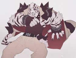 Rule 34 | 1boy, absurdres, animal ears, arknights, bandaged hand, bandages, bara, belt, black belt, black tank top, bulge, chain necklace, covered abs, feet out of frame, fingerless gloves, flat color, furry, furry male, gloves, highres, jacket, jacket on shoulders, ju neng binggui, looking at viewer, male focus, mountain (arknights), muscular, muscular male, necklace, pants, pectorals, scar, scar across eye, scar on face, short hair, shoulder spikes, sidepec, solo, spikes, tail, tank top, thighs, tiger boy, tiger ears, tiger tail, white fur, white hair, white jacket, white pants