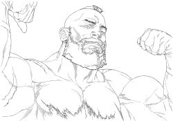Rule 34 | 1boy, absurdres, beard, chest hair, facial hair, graphite (medium), greyscale, highres, large pectorals, male focus, mature male, monochrome, muscular, muscular male, mustache, pectorals, scar, scar on arm, simple background, solo, street fighter, topless male, traditional media, white background, yoshihara motoki, zangief