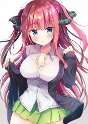 Rule 34 | 1girl, bad id, bad pixiv id, black cardigan, blue eyes, blue nails, blush, breasts, butterfly hair ornament, buttons, cardigan, cleavage, closed mouth, collarbone, collared shirt, commentary request, cowboy shot, go-toubun no hanayome, green skirt, hair ornament, hand up, highres, large breasts, long hair, long sleeves, looking at viewer, masayo (gin no ame), miniskirt, nail polish, nakano nino, open cardigan, open clothes, pink hair, pleated skirt, school uniform, shirt, skirt, smile, solo, standing, two side up, very long hair, white shirt