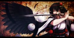 Rule 34 | 1girl, bird wings, black hair, black sash, black wings, commentary request, feathered wings, hat, highres, holding, holding sword, holding weapon, japanese clothes, kimono, kourindou tengu costume, long sleeves, mask, mask on head, pointy ears, pom pom (clothes), red eyes, red hat, red ribbon, ribbon, sash, serious, shameimaru aya, shirt, solo, sword, tokin hat, touhou, usui ryuusan, weapon, white kimono, white shirt, wide sleeves, wings
