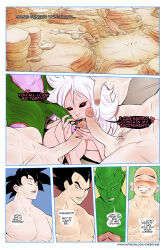 Rule 34 | 1girl, 4boys, android 21, antennae, bald, black hair, black sclera, boy sandwich, breasts, cherry-gig, colored sclera, colored skin, comic, commentary, completely nude, day, dragon ball, dragon ball fighterz, english commentary, english text, fellatio, green skin, group sex, hetero, highres, interspecies, kneeling, kuririn, large breasts, large penis, left-to-right manga, long hair, looking up, multiple boys, muscular, muscular male, nude, oral, outdoors, pectorals, penis, piccolo, pink hair, pink skin, red eyes, sandwiched, son goku, speech bubble, surrounded, sweat, uncensored, vegeta, veins, veiny penis