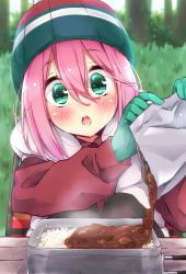Rule 34 | 1girl, beanie, black pantyhose, box, chair, close-up, commentary request, curry, curry rice, drooling, food, gloves, grass, green eyes, green gloves, green hat, hair between eyes, hat, highres, hood, hooded vest, hoodie, jacket, kagamihara nadeshiko, knees up, looking at food, mess kit, multicolored clothes, multicolored hat, outdoors, pantyhose, picnic, pink hair, pom pom (clothes), red hat, red jacket, rice, saliva, sidelocks, sitting, sk02, solo, striped clothes, striped headwear, table, tree, vest, white hat, white vest, winter clothes, wooden table, yurucamp