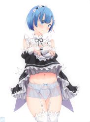 Rule 34 | 10s, 1girl, absurdres, amego, artist logo, bad id, bad pixiv id, black dress, black ribbon, blue eyes, blue garter belt, blue hair, blue panties, blush, breasts, cleavage, closed mouth, clothes lift, commentary request, cowboy shot, dated, detached sleeves, dress, dress lift, frilled dress, frilled garter belt, frills, frown, garter belt, groin, hair ornament, hair over one eye, head tilt, highres, lace, lace-trimmed legwear, lace trim, lifted by self, looking at viewer, maid, maid headdress, medium breasts, midriff peek, navel, neck ribbon, panties, purple ribbon, re:zero kara hajimeru isekai seikatsu, rem (re:zero), ribbon, ribbon-trimmed clothes, ribbon trim, short dress, short hair, simple background, solo, standing, string panties, thighhighs, thighs, underwear, white background, white thighhighs, x hair ornament