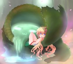 Rule 34 | 1girl, :3, bad id, bad pixiv id, blonde hair, blue eyes, blush, duel monster, long hair, looking at viewer, looking back, lying, nepenthes, on back, open mouth, plant, smile, solo, traptrix nepenthes, yoosai, yu-gi-oh!