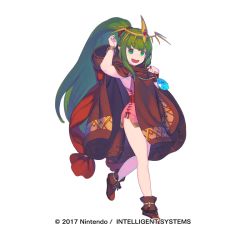 Rule 34 | 1girl, cape, circlet, enkyo yuuichirou, fire emblem, fire emblem: mystery of the emblem, fire emblem heroes, full body, green eyes, green hair, hood, jewelry, looking at viewer, nintendo, official art, pink legwear, pointy ears, ponytail, side slit, simple background, smile, solo, stone, tiara, tiki (fire emblem), tiki (young) (fire emblem)