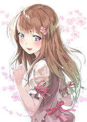 Rule 34 | 1girl, back bow, blush, bow, brown hair, clenched hand, floral background, flower, frilled skirt, frills, hair flower, hair ornament, hand up, kinugasa yuuichi, long hair, looking back, open mouth, original, pink flower, pink ribbon, purple eyes, ribbon, ribbon-trimmed sleeves, ribbon trim, short sleeves, skirt, smile, solo, upper body
