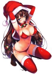 Rule 34 | 1girl, absurdres, armpits, arms up, bell, bikini, black footwear, blue eyes, blush, boots, breasts, brown hair, christmas, comic potpourri club, cross-laced footwear, elbow gloves, female focus, full body, gloves, hair bell, hair ornament, hat, highres, jingle bell, knee boots, lace-up boots, large breasts, long hair, looking at viewer, navel, open mouth, red bikini, red gloves, red thighhighs, santa hat, scan, shiny skin, simple background, skindentation, smile, solo, swimsuit, thighhighs, tomose shunsaku, very long hair, white background