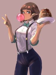 Rule 34 | 1girl, 6maker, absurdres, black pants, blue eyes, bob cut, bow, bowtie, breasts, brown background, brown hair, blowing bubbles, buttons, chewing gum, collared shirt, commentary, covered mouth, cowboy shot, dark-skinned female, dark skin, food, green bow, green bowtie, hands up, high-waist pants, highres, holding, holding plate, looking at viewer, medium breasts, pancake, pants, plate, pointy ears, shirt, shirt tucked in, short hair, solo, standing, traditional bowtie, v, white shirt