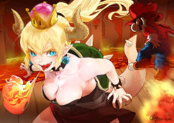 Rule 34 | 1boy, 1girl, b.c.n.y., bare shoulders, battle, black dress, black nails, blonde hair, blue eyes, boots, bowsette, bracelet, breasts, breath weapon, breathing fire, brown footwear, calligraphy brush (medium), cleavage, collar, collarbone, crown, dress, earrings, facial hair, fingernails, fire, gem, giant, giantess, gloves, hat, horns, jewelry, jumping, large breasts, lava, long fingernails, long hair, looking at another, mario, mario (series), mustache, nail polish, new super mario bros. u deluxe, nintendo, open mouth, overalls, pointy ears, ponytail, red hat, sharp teeth, spiked bracelet, spiked collar, spikes, strapless, strapless dress, super crown, tail, teeth, tongue, tongue out, turtle shell, twitter username, white gloves