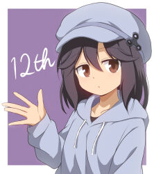 1girl :o \||/ anniversary black_hair border brown_eyes collarbone commentary curakuru curakuru_(character) fidget_spinner grey_hat grey_hoodie hair_between_eyes hat highres hood hoodie looking_at_viewer medium_hair newsboy_cap original outside_border parted_lips purple_background sidelocks solo split_mouth upper_body white_border