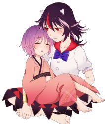 Rule 34 | 2girls, barefoot, belt, black hair, blush, bow, bowtie, bracelet, brown belt, buttons, closed eyes, closed mouth, dress, hair between eyes, highres, horns, japanese clothes, jewelry, kijin seija, kimono, long sleeves, looking at another, multicolored hair, multiple girls, no headwear, oni tama, open mouth, pink dress, pink kimono, puffy short sleeves, puffy sleeves, purple bow, purple hair, purple neckwear, red eyes, red hair, seiza, short hair, short sleeves, simple background, sitting, sukuna shinmyoumaru, touhou, white background, white dress, white hair, wide sleeves, yuri