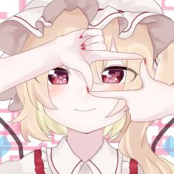 Rule 34 | 1girl, arm up, blonde hair, blush, closed mouth, collared shirt, eringi (rmrafrn), eyebrows hidden by hair, finger frame, fingernails, flandre scarlet, frilled shirt collar, frills, hair between eyes, hand up, hat, long hair, looking at viewer, mob cap, nail polish, one side up, portrait, red eyes, red nails, shirt, smile, solo, symbol in eye, touhou, white hat