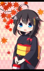 Rule 34 | 1girl, :d, ahoge, autumn leaves, black hair, black kimono, blue eyes, bow, braid, branch, closed umbrella, commentary request, hair between eyes, hair bow, hair flaps, hair ornament, hair over shoulder, highres, holding, holding umbrella, japanese clothes, kantai collection, kimono, leaf, letterboxed, long hair, long sleeves, looking at viewer, maple leaf, obi, oil-paper umbrella, open mouth, red bow, red umbrella, rensei, sash, shigure (kancolle), single braid, smile, solo, umbrella, wide sleeves, yagasuri