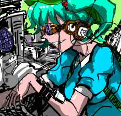Rule 34 | 1girl, bad id, bad pixiv id, blue hair, breasts, female focus, glasses, hat, headphones, highres, kawashiro nitori, robot, sketch, solo, touhou, two side up