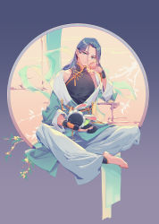 Rule 34 | 2boys, aqua eyes, barefoot, black cat, branch, cat, chinese clothes, eating, flower, full body, grey hair, highres, leaf, long hair, long sleeves, looking at viewer, luo xiaohei, luo xiaohei (cat), luo xiaohei zhanji, multiple boys, pants, sitting, suncle, white pants, wuxian (the legend of luoxiaohei), yellow flower