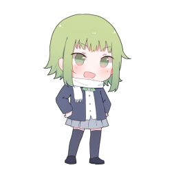Rule 34 | 1girl, :d, blazer, blue thighhighs, bow, bowtie, chibi, full body, green bow, green bowtie, green eyes, green hair, grey skirt, gumi, hands on own hips, jacket, long sleeves, lowres, mimengfeixue, miniskirt, open mouth, pleated skirt, scarf, school uniform, shirt, shoes, short hair, simple background, skirt, smile, solo, standing, thighhighs, v-shaped eyebrows, vocaloid, white background, white scarf, white shirt
