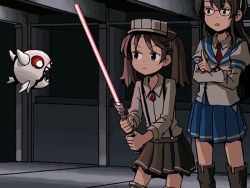 Rule 34 | 2girls, abyssal ship, brown eyes, brown hair, commentary, crossed arms, enemy aircraft (kancolle), energy sword, floating, glasses, hat, holding, holding weapon, kantai collection, lightsaber, long hair, long sleeves, multiple girls, one-hour drawing challenge, ooyodo (kancolle), open mouth, parody, peaked cap, pleated skirt, ryuujou (kancolle), shadow, sharp teeth, sixten, skirt, star wars, sword, teeth, twintails, weapon