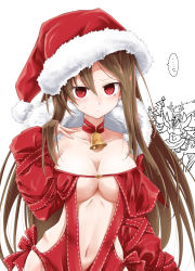 Rule 34 | ..., 1boy, 1girl, anger vein, antlers, bell, blush, breasts, brown hair, centaur, christmas, christmas ornaments, christmas tree, cleavage, closed mouth, collarbone, commentary request, dress, fate/grand order, fate (series), fur-trimmed headwear, fur trim, hair between eyes, hand up, hat, highres, horns, large breasts, long hair, long sleeves, navel, puffy long sleeves, puffy sleeves, red dress, red eyes, red hat, reindeer antlers, ribbon-trimmed dress, ribbon trim, santa costume, santa hat, simple background, sleeves past wrists, solo focus, spoken anger vein, spoken ellipsis, star (symbol), strapless, strapless dress, sweat, taur, ugatsu matsuki, very long hair, white background, xiang yu (fate), yu mei-ren (fate)