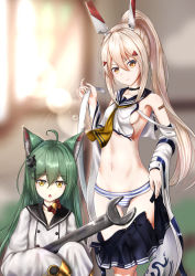 Rule 34 | 2girls, ahoge, akashi (azur lane), animal ears, artist request, ayanami (azur lane), azur lane, bell, blurry, blurry background, breasts, cat ears, chestnut mouth, collar, collarbone, commentary request, detached sleeves, hair between eyes, hair ornament, highres, horns, long hair, long sleeves, looking at viewer, mechanical horns, multiple girls, navel, neck bell, open mouth, panties, ponytail, small breasts, smile, striped clothes, striped panties, underwear, undressing, wrench, yellow eyes