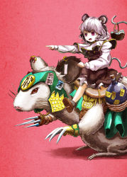 Rule 34 | 1girl, animal ears, arm up, armor, basket, bottle, capelet, claws, dress, female focus, gradient background, grey hair, highres, holding, mouse (animal), mouse ears, mouse tail, nazrin, ofuda, open mouth, pointing, purple eyes, riding, saebashi, shoes, short hair, simple background, socks, solo, tail, touhou