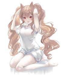 Rule 34 | 1girl, :d, angelina (arknights), animal ears, arknights, brown hair, commentary, fox ears, gawako, hands up, highres, long hair, looking at viewer, open mouth, red eyes, seiza, shirt, simple background, sitting, smile, solo, twintails, very long hair, white background, white shirt