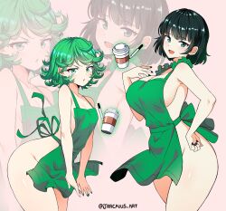 Rule 34 | 2girls, :d, :o, apron, bad proportions, black hair, black nails, breasts, cup, curly hair, curvy, disposable cup, frills, fubuki (one-punch man), green apron, green eyes, green hair, green nails, highres, iced latte with breast milk (meme), jarckius, large breasts, looking at viewer, marker, meme, multiple girls, naked apron, one-punch man, open mouth, short hair, siblings, sisters, small breasts, smile, starbucks, tatsumaki, telekinesis, v-shaped eyebrows, wide hips, zoom layer