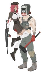 Rule 34 | 1boy, 1girl, absurdres, arm tattoo, belt, black dress, black footwear, black gloves, black necktie, boots, breasts, carrying, carrying person, chest tattoo, commentary, dark-skinned female, dark skin, dress, escape from tarkov, girls&#039; frontline, gloves, green pants, gun, hammer, highres, holding, holding weapon, izaru 31, knee pads, large breasts, necktie, pants, red gloves, saiga-12, saiga-12 (girls&#039; frontline), shirt, short sleeves, shotgun, simple background, skindentation, sledgehammer, tactical clothes, tagilla (escape from tarkov), tattoo, thighhighs, topless male, vest, weapon, welding mask, white background, white shirt, white thighhighs