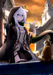 Rule 34 | 1girl, angel, animal ears, black skirt, black thighhighs, blurry, blurry background, cat, cat ears, clock, clock tower, commentary request, dawn, green eyes, green scarf, gun, gun on back, hair between eyes, halo, highres, holding, holding paper, hood, hooded jacket, jacket, long hair, looking at viewer, md5 mismatch, original, outdoors, paper, resolution mismatch, scarf, sidelocks, skirt, solo, source larger, thigh strap, thighhighs, tokiwa shirube, tower, weapon, weapon on back, white hair