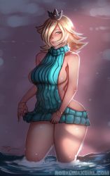 Rule 34 | 1girl, aran sweater, backless dress, backless outfit, bare shoulders, blonde hair, blue eyes, blue sweater, blush, breasts, cable knit, curvy, dress, lips, long hair, looking at viewer, mario (series), medium breasts, meme attire, naked sweater, night, nintendo, rosalina, sideboob, solo, standing, star (symbol), super mario bros. 1, sweater, thick thighs, thighs, turtleneck, turtleneck sweater, virgin killer sweater, water, wet, wet clothes, wetlook, wide hips