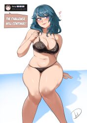 Rule 34 | 1girl, absurdres, bare arms, bare legs, bare shoulders, black bra, black panties, blue eyes, blue hair, bra, breasts, byleth (female) (fire emblem), byleth (fire emblem), cleavage, commentary, deliciousbrain, feet out of frame, fire emblem, fire emblem: three houses, highres, long hair, looking at viewer, medium breasts, navel, nintendo, panties, pink lips, sitting, solo, stomach, thighs, underwear, white background