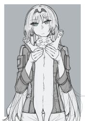 Rule 34 | 1girl, an-94 (girls&#039; frontline), animal, blue eyes, cat, cowboy shot, expressionless, girls&#039; frontline, greyscale, hairband, highres, holding, holding animal, holding cat, jacket, long hair, long sleeves, looking at viewer, monochrome, nakiusagi, simple background, sketch, solo, spot color, standing, straight-on, very long hair