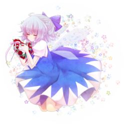 Rule 34 | 1girl, blue hair, bow, cirno, dress, closed eyes, flower, hair bow, heart, hotmilkice, ice, ice (aitsugai), ice wings, rose, solo, touhou, wings, wreath