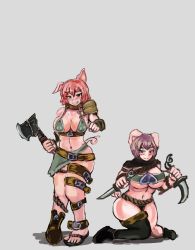 Rule 34 | 2girls, animal ears, artist request, axe, belt bra, blush, breasts, cleavage, dagger, fantasy, female orc, grin, highres, knife, large breasts, looking at viewer, monster girl encyclopedia, multiple girls, navel, orc, orc (monster girl encyclopedia), pink hair, revealing clothes, short hair, sideboob, smile, toes, udetamago, underboob, weapon
