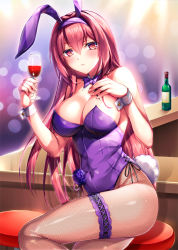 Rule 34 | 1girl, alcohol, animal ears, bar (place), bar stool, bare shoulders, blush, bottle, bow, breasts, bunny day, cleavage, cup, detached collar, drinking glass, fake animal ears, fate/grand order, fate (series), fukase ayaka, indoors, large breasts, bridal garter, leotard, long hair, looking at viewer, official alternate costume, pantyhose, pink eyes, pink hair, playboy bunny, rabbit ears, rabbit tail, scathach (fate), scathach (piercing bunny) (fate), sitting, smile, solo, stool, tail, wine, wine bottle, wine glass, wrist cuffs