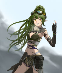 Rule 34 | 1girl, absurdres, arknights, bare shoulders, black gloves, breasts, cowboy shot, crop top, gavial (arknights), gavial the invincible (arknights), gloves, goggles, green hair, grin, highres, index finger raised, longshengyan, looking at viewer, medium breasts, midriff, navel, pointy ears, smile, solo, standing, stomach, yellow eyes
