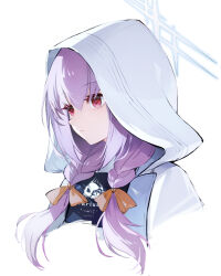 Rule 34 | 1girl, atsuko (blue archive), bilibilida, blue archive, bow, braid, cropped torso, flak jacket, from side, hair between eyes, hair bow, halo, highres, hood, hooded jacket, jacket, low twin braids, parted lips, purple hair, red eyes, sidelocks, simple background, solo, twin braids, upper body, white background, white hood, white jacket, yellow bow