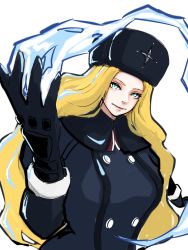 Rule 34 | 1girl, absurdres, ap cammy, black gloves, blonde hair, blue eyes, breasts, buttons, coat, eyebrows, eyelashes, fur hat, fur trim, gloves, hat, highres, ice, kolin, lips, long hair, looking at viewer, simple background, solo, street fighter, street fighter v, ushanka, wavy hair, white background, winter clothes, winter coat