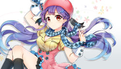 Rule 34 | 1girl, black legwear, breasts, cleavage, commentary request, dress, gradient background, hair ornament, hair ribbon, hairclip, hat, long hair, neckerchief, purple hair, red eyes, ribbon, shirt, sibyl, smile, solo, underbust, vocaloid, wrist cuffs, xin hua